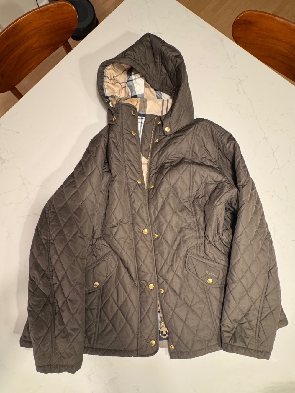 Barbour Olive Green Quilted Hooded Jacket Size 2X Classic Tartan Lining